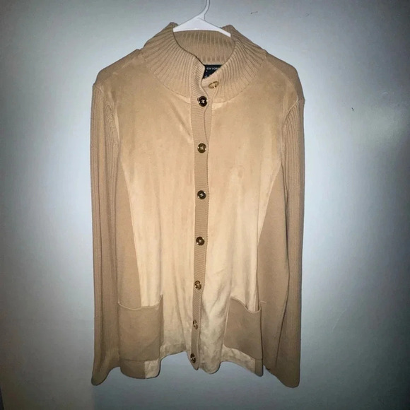 Jones NY Womens Cardigan Size L Tan Faux Suede Microsuede Front Preppy Sweater - Picture 1 of 3